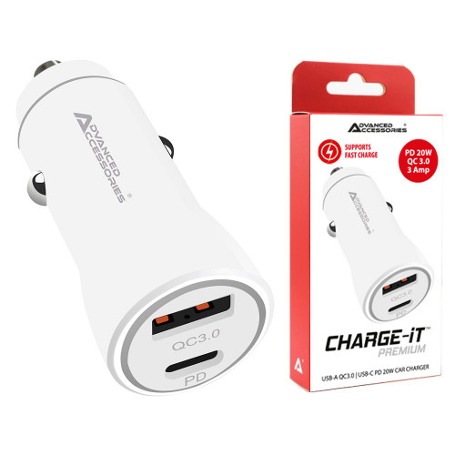 AA CHARGE-iT Premium 38W USB-A (QC 18W) USB-C (PD 20W) Dual Car Charger - White