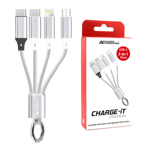 AA CHARGE-iT Premium 3in1 Cable (0.1M) USB-C To 8 Pin/USB-C/Micro USB - Silver