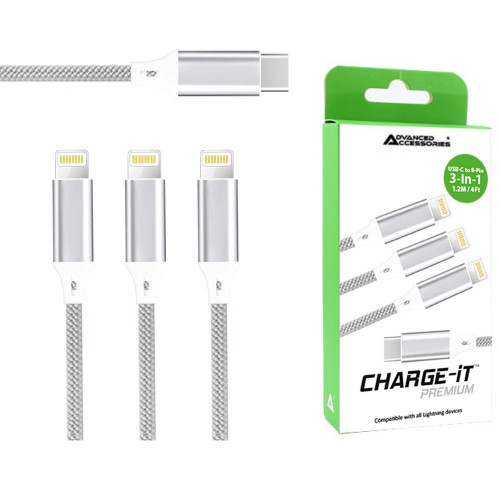 AA CHARGE-iT Premium 3in1 Cable (1.2M) USB-C To 3 x 8 Pin - Silver