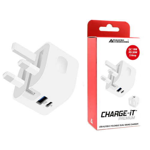 AA CHARGE-iT Foldable 38W USB-A (QC 18W) USB-C (PD 20W) Dual Mains Charger - White