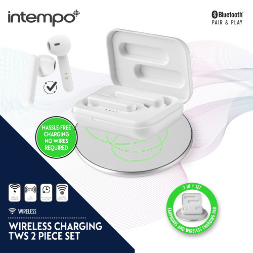 Intempo TWS 2in1 Bluetooth Earphones with Wireless Charging Pad - White