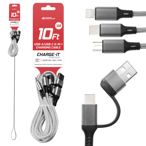 AA CHARGE-iT Premium 6in1 USB Cable (3 Metres) - Silver