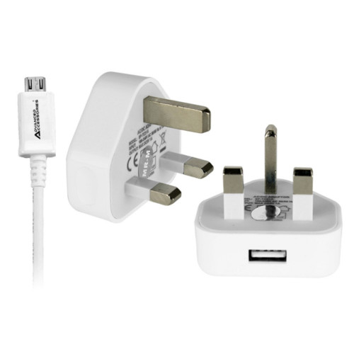 AA Micro USB 1M Cable 1A USB Mains Charger Bundle - White