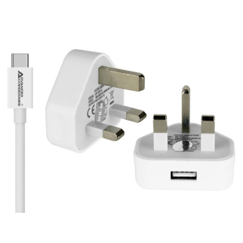 Loose Packed - AA 1 Amp Mains Charger and USB-C Cable Kit - White