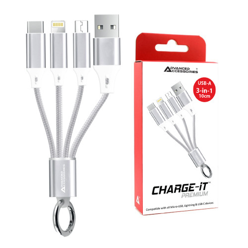 AA CHARGE-iT Premium 3in1 (0.1M) USB Cable - 8 Pin/USB-C/MicroUSB - silver