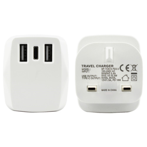 Loose Packed - AA Dual USB / USB-C 18W PD Mains Charger  (2 x USB, 1 x USB-C) 3Amp - White