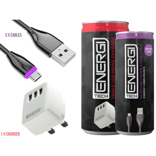 Tech Energi 1 x Triple USB Mains Charger and 3 x Micro USB Cable Bundle