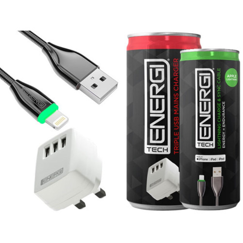 Tech Energi 1 x Triple USB Mains Charger and 1 x MFi USB Cable Bundle