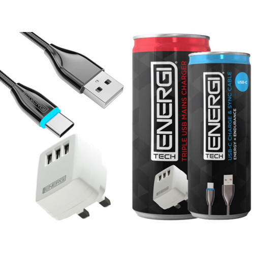 Tech Energi 1 x Triple USB Mains Charger and 1 x USB-C Cable Bundle