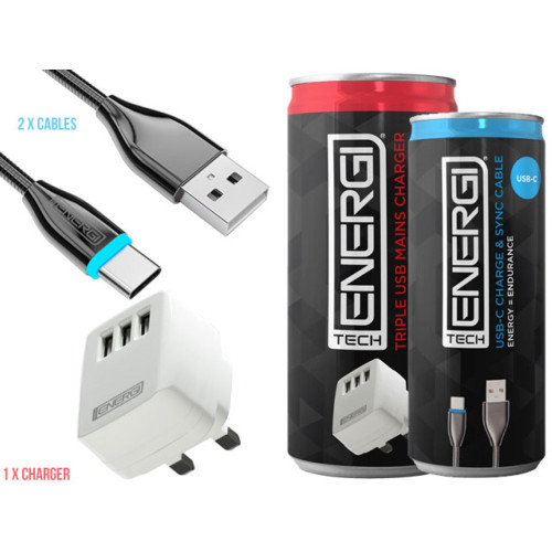 Tech Energi 1 x Triple USB Mains Charger and 2 x USB-C Cable Bundle