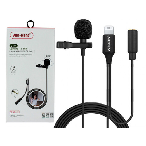 VD Lavalier Microphone to 8 Pin with 3.5mm Audio Splitter - Black