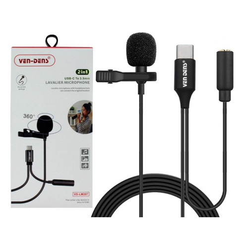 VD Lavalier Microphone to USB-C with 3.5mm Audio Splitter - Black