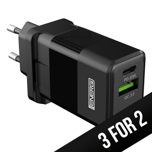 Tech Energi Eco 38W USB-A (QC 18W) USB-C (PD 20W) Dual EU Mains Charger