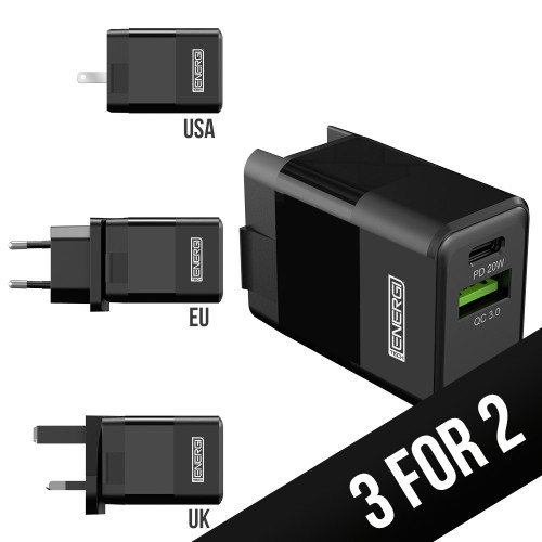 Tech Energi Eco 38W USB-A (QC 18W) USB-C (PD 20W) Dual Travel Mains Charger