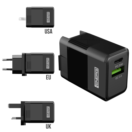 Tech Energi 38W USB-A (QC 18W) USB-C (PD 20W) Dual Travel Mains Charger - Black