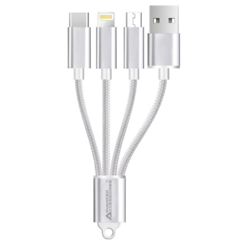 Loose Packed - AA CHARGE-iT 3in1 USB Cable - 8 Pin/USB-C/MicroUSB - 10cm-silver