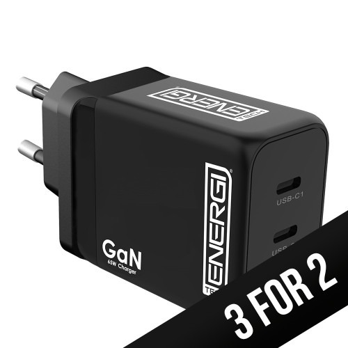 Tech Energi Eco 65W QC USB-A/Dual PD USB-C Triple EU Mains Charger - Black