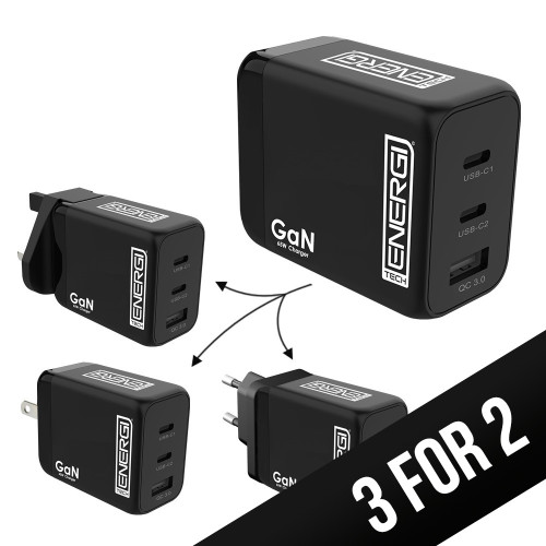 Tech Energi Eco 65W QC USB-A/Dual PD USB-C Triple Travel Mains Charger Kit - Black