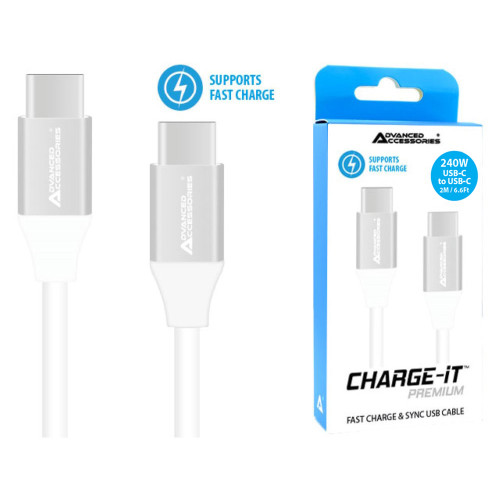 AA CHARGE-IT Premium USB-C to USB-C Cable Supports Fast Charge (Up to 240W) - 2 Metres - White