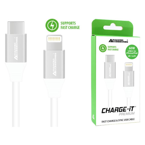 AA CHARGE-IT Premium USB-C to iPhone & iPad Cable Supports Fast Charge (Up to 60W) - 2 Metres - White