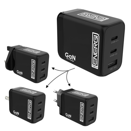 Tech Energi Eco 65W QC USB-A/Dual PD USB-C Triple Travel Mains Charger Kit - Black