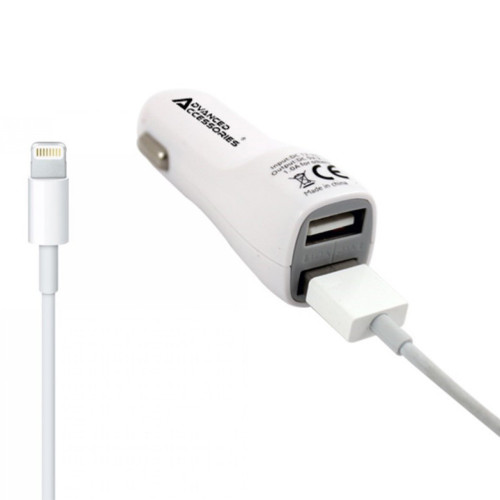 AA CHARGE-IT (2A) 8 Pin USB Car Charger with Extra USB socket-White